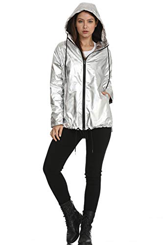 Mujeres Sudaderas con Capucha Chaqueta Abrigo Manga Larga Ligero Metálico con Capucha Chaquetas Outwear Plata XL