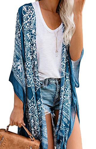 Mujeres Verano Kimono Cardigan Casual Ropa de Playa Pareos Retro Impreso Blusa Larga Tops Manga Corta (Talla única, Azul-1)