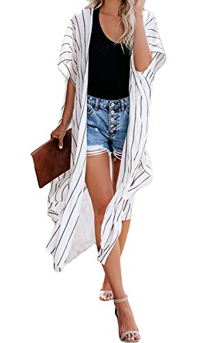 Mujeres Verano Kimono Cardigan Casual Ropa de Playa Pareos Retro Impreso Blusa Larga Tops Manga Corta (Talla única, Blanco)