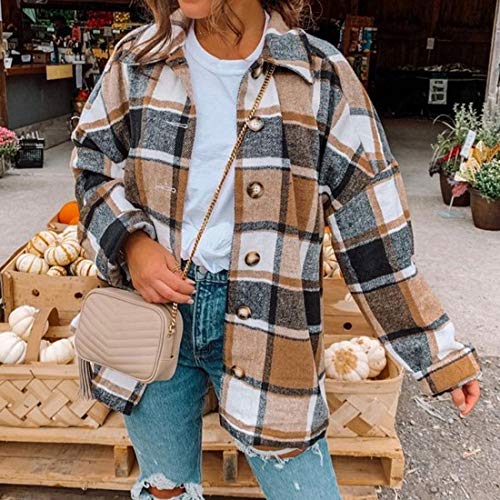 MUYOGRT Chaqueta a Cuadros para Mujer Transición Talla Grande Suave Abrigo Camisa Casual Moda Manga Larga Estilo Boyfriend Otoño con Botones(Marrón，M)