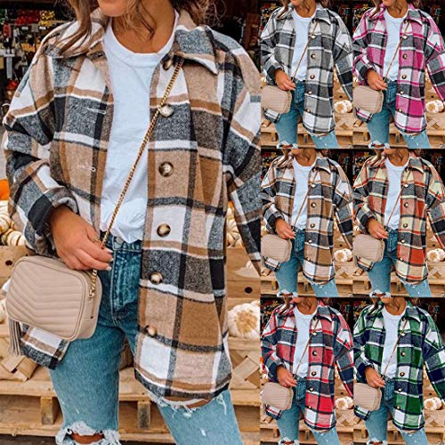 MUYOGRT Chaqueta a Cuadros para Mujer Transición Talla Grande Suave Abrigo Camisa Casual Moda Manga Larga Estilo Boyfriend Otoño con Botones(Marrón，M)