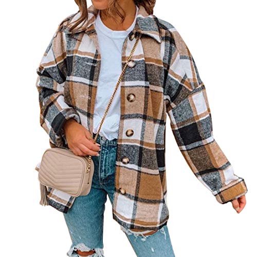 MUYOGRT Chaqueta a Cuadros para Mujer Transición Talla Grande Suave Abrigo Camisa Casual Moda Manga Larga Estilo Boyfriend Otoño con Botones(Marrón，M)