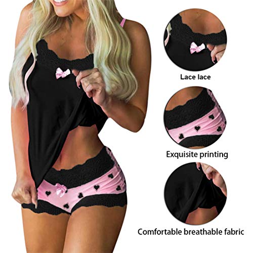 MUYOGRT Mujer Conjuntos de Encaje 2 Pijamas Camisola+ Shorts Sexy Imprimir Sin Mangas Cami Lencerí Pijama Interior Tentación Babydoll Camisón Verano Impresión en Color(Negro，M)