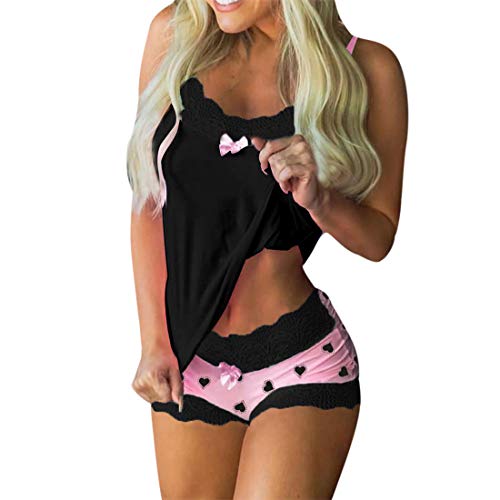 MUYOGRT Mujer Conjuntos de Encaje 2 Pijamas Camisola+ Shorts Sexy Imprimir Sin Mangas Cami Lencerí Pijama Interior Tentación Babydoll Camisón Verano Impresión en Color(Negro，M)