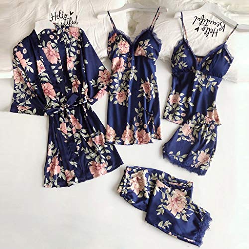 N-B Batas de Casa Mujer Satén Conjunto de 5 Piezas S- 3XL Estampado Floral Kimono Primavera Vestido Albornoz Sexy Camisón y Encaje Tirantes 2 x Ropa Interior y Pantalones Cortos Suave Pareja Pijamas