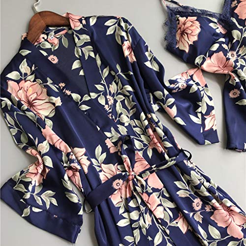N-B Batas de Casa Mujer Satén Conjunto de 5 Piezas S- 3XL Estampado Floral Kimono Primavera Vestido Albornoz Sexy Camisón y Encaje Tirantes 2 x Ropa Interior y Pantalones Cortos Suave Pareja Pijamas