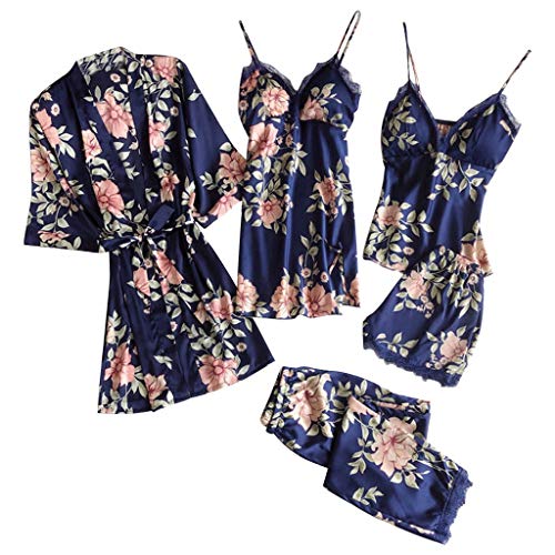 N-B Batas de Casa Mujer Satén Conjunto de 5 Piezas S- 3XL Estampado Floral Kimono Primavera Vestido Albornoz Sexy Camisón y Encaje Tirantes 2 x Ropa Interior y Pantalones Cortos Suave Pareja Pijamas