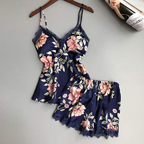 N-B Batas de Casa Mujer Satén Conjunto de 5 Piezas S- 3XL Estampado Floral Kimono Primavera Vestido Albornoz Sexy Camisón y Encaje Tirantes 2 x Ropa Interior y Pantalones Cortos Suave Pareja Pijamas