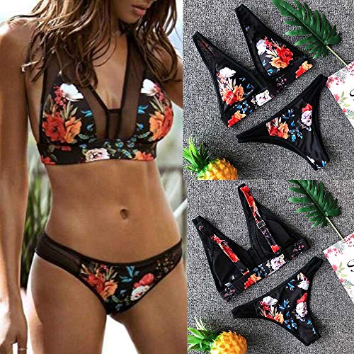 N-B Bikinis Mujer Verano Conjunto 2021 Push Up Tul Negra Transparente Cuello en V Chaleco con Relleno y Tanga Bañador Natacion Dibujos de Rose Flores Neopreno Traje de Baño de Dos Piezas