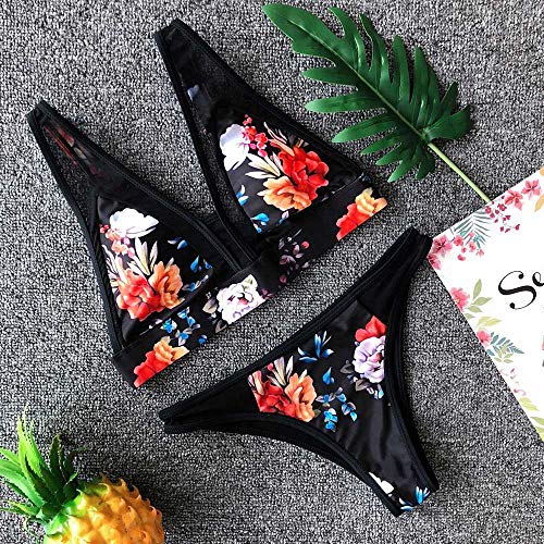 N-B Bikinis Mujer Verano Conjunto 2021 Push Up Tul Negra Transparente Cuello en V Chaleco con Relleno y Tanga Bañador Natacion Dibujos de Rose Flores Neopreno Traje de Baño de Dos Piezas