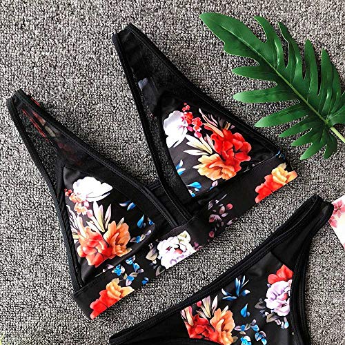N-B Bikinis Mujer Verano Conjunto 2021 Push Up Tul Negra Transparente Cuello en V Chaleco con Relleno y Tanga Bañador Natacion Dibujos de Rose Flores Neopreno Traje de Baño de Dos Piezas