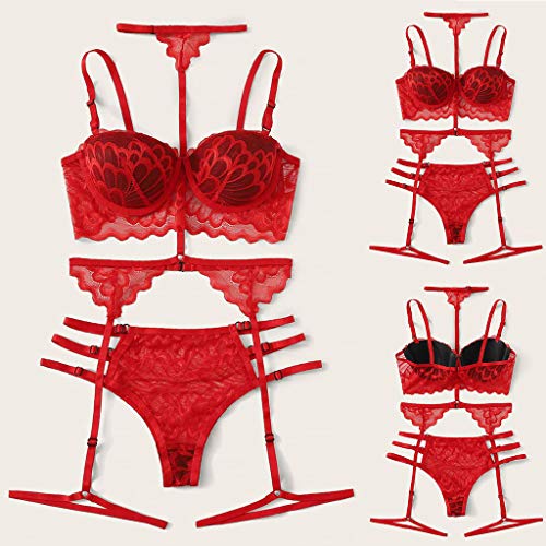 N-B Lencería Mujer Sexy Conjunto de 3 Piezas Rojo Encaje Talla Grande Push up Halter Ropa Interior + Tangas con Liguero de Bordado Hueco Ajustable Pareja Picardias