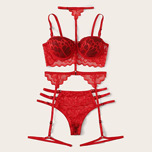 N-B Lencería Mujer Sexy Conjunto de 3 Piezas Rojo Encaje Talla Grande Push up Halter Ropa Interior + Tangas con Liguero de Bordado Hueco Ajustable Pareja Picardias