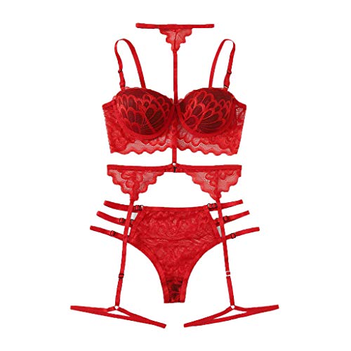N-B Lencería Mujer Sexy Conjunto de 3 Piezas Rojo Encaje Talla Grande Push up Halter Ropa Interior + Tangas con Liguero de Bordado Hueco Ajustable Pareja Picardias