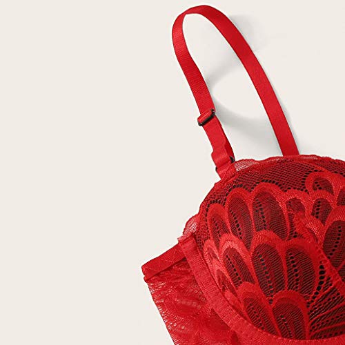 N-B Lencería Mujer Sexy Conjunto de 3 Piezas Rojo Encaje Talla Grande Push up Halter Ropa Interior + Tangas con Liguero de Bordado Hueco Ajustable Pareja Picardias