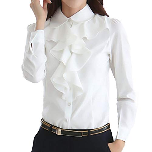 Nanxson Mujer Camisa Manga Larga Blusa Volantes Botón Camisetas Vintage Blusa Profesión Camisa (L, beige-71)