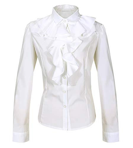 Nanxson Mujer Camisa Manga Larga Blusa Volantes Botón Camisetas Vintage Blusa Profesión Camisa (L, beige-71)