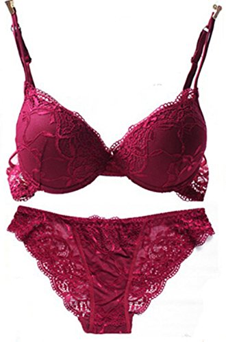 Nature Mujer Delgado De encaje Push Up 3/4 Taza de Sujetador y Bragas Conjuntos - (Vino rojo ES-90B)