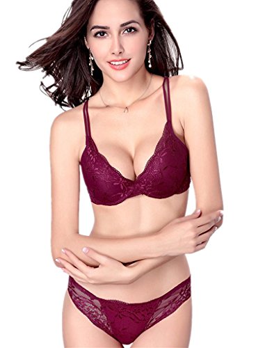 Nature Mujer Delgado De encaje Push Up 3/4 Taza de Sujetador y Bragas Conjuntos - (Vino rojo ES-90B)