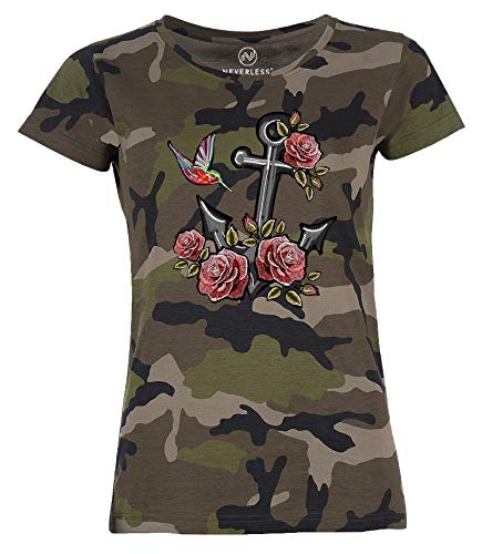 Neverless - Camiseta de Camuflaje para Mujer, diseño de Ancla, Rosas, Parche Tropical Negro M