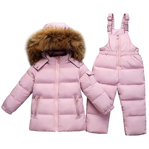 Niñas Conjunto de Esquí, Chaqueta con Capucha + Pantalón de Esquí Impermeable Traje de Nieve 2 Piezas Traje de Esquí Abrigos de Pluma Pantalones de nieve Invierno Pantalones de Babero, Rosado 2-3 Años