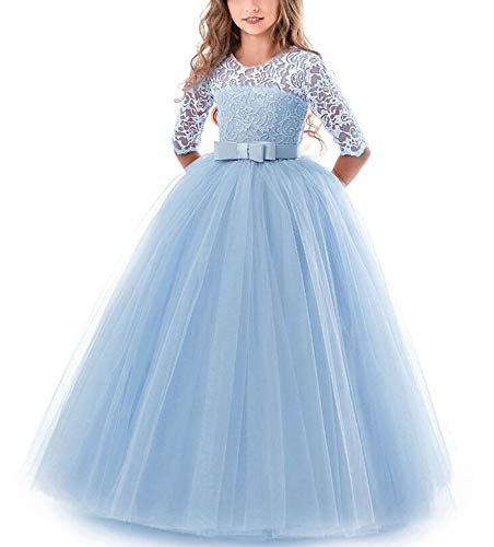 NNJXD Chicas Pompa Bordado Vestido de Bola Princesa Boda Vestir Talla(130) 6-7 años 378 Azul-A