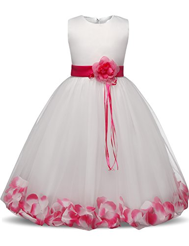 NNJXD Girl Flower Petal Bowknot Bautizo Vestido de Fiesta de la Dama de Honor de la Boda Talla (140) 6-7 años Rose