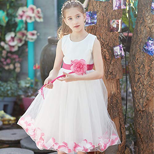 NNJXD Girl Flower Petal Bowknot Bautizo Vestido de Fiesta de la Dama de Honor de la Boda Talla (140) 6-7 años Rose