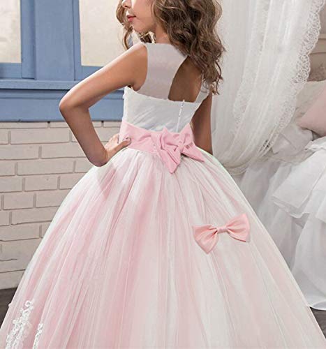 NNJXD Niñas Bordado De Encaje Flor De La Boda Fiesta De Cumpleaños Princesa Vestido de Cola Larga Tamaño (170) 14-15 años 406 Rosa-A
