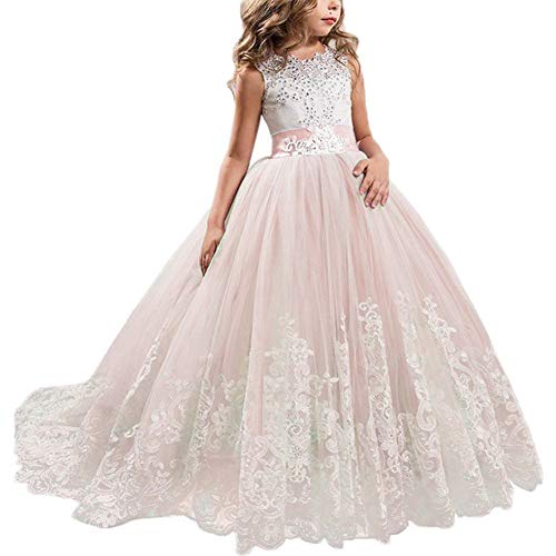 NNJXD Niñas Bordado De Encaje Flor De La Boda Fiesta De Cumpleaños Princesa Vestido de Cola Larga Tamaño (170) 14-15 años 406 Rosa-A
