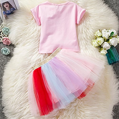 NNJXD Niñas Vestidos Unicornio Conjunto de Ropa de 2 Piezas con Chaquetas Rosas + Faldas de Arco Iris de tutú tamaño（120） 4-5 Años Rosa
