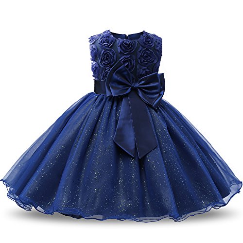 NNJXD Vestido de Fiesta de Princesa con Encaje de Flor de 3D sin Mangas para Niñas Talla(130) 4-5 años Azul Oscuro
