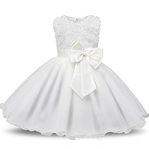 NNJXD Vestido de Fiesta de Princesa con Encaje de Flor de 3D sin Mangas para Niñas Talla(150) 6-7 años Blanco