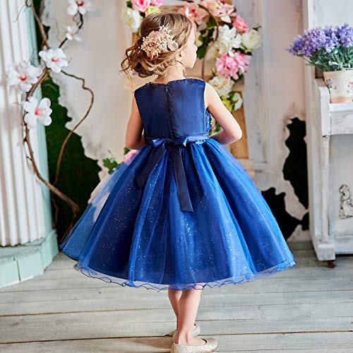 NNJXD Vestido de Fiesta de Princesa con Encaje de Flor de 3D sin Mangas para Niñas Talla(90) 12-18 Meses Azul Oscuro