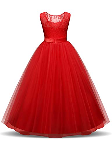 NNJXD Vestido de Fiesta de Tul de Encaje Falda de Princesa para Niñas Talla (140) 8-9 Años Rojo