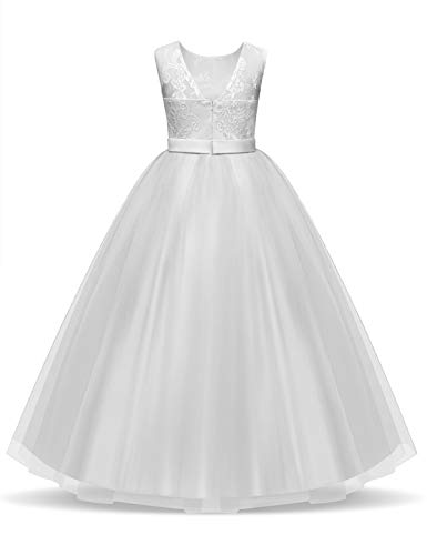NNJXD Vestido de Fiesta de Tul de Encaje Falda de Princesa para Niñas Talla (170) 12-13 Años Blanco