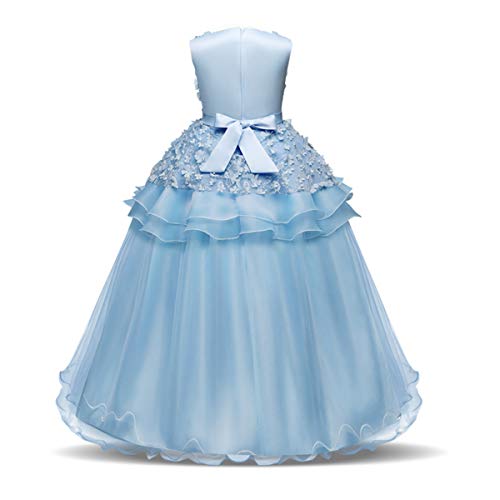 NNJXD Vestido de Princesa del Desfile con Encajes sin Mangas Falda de Fiesta para Niñas Talla (130) 6-7 años 354 Azul-A