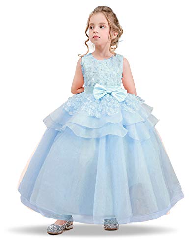 NNJXD Vestido de Princesa del Desfile con Encajes sin Mangas Falda de Fiesta para Niñas Talla (130) 6-7 años 354 Azul-A
