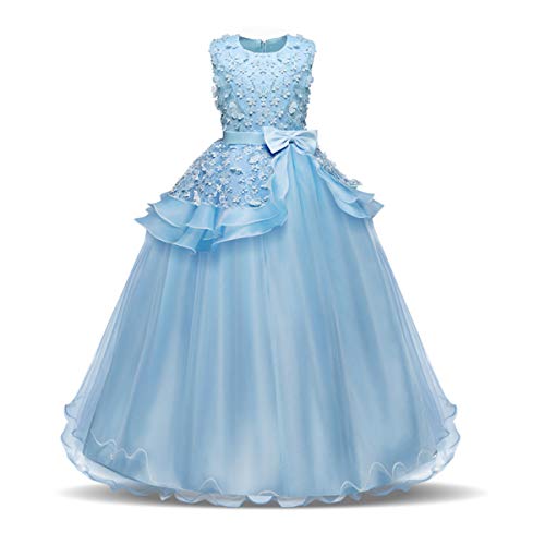 NNJXD Vestido de Princesa del Desfile con Encajes sin Mangas Falda de Fiesta para Niñas Talla (130) 6-7 años 354 Azul-A