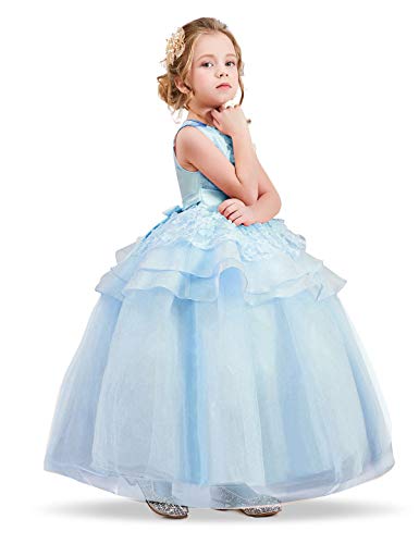 NNJXD Vestido de Princesa del Desfile con Encajes sin Mangas Falda de Fiesta para Niñas Talla (130) 6-7 años 354 Azul-A