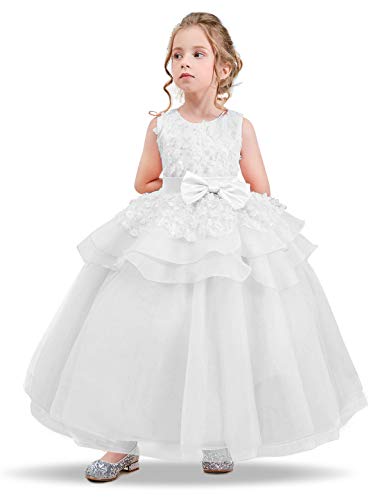 NNJXD Vestido de Princesa del Desfile con Encajes sin Mangas Falda de Fiesta para Niñas Talla (140) 8-9 años 354 Blanco-A