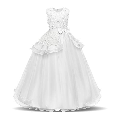 NNJXD Vestido de Princesa del Desfile con Encajes sin Mangas Falda de Fiesta para Niñas Talla (160) 12-13 años 354 Blanco-A