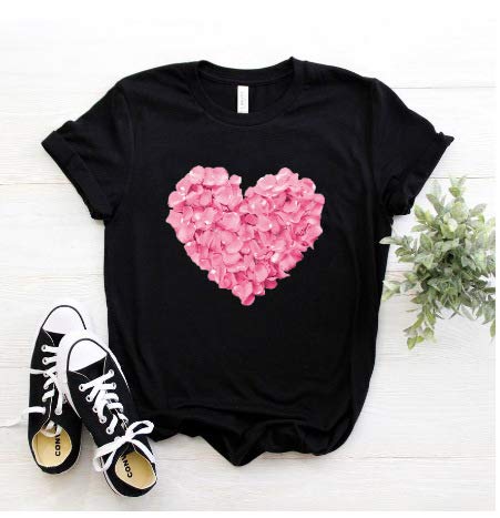 NOBRAND Camiseta de algodón con estampado de flores en forma de corazón rosa