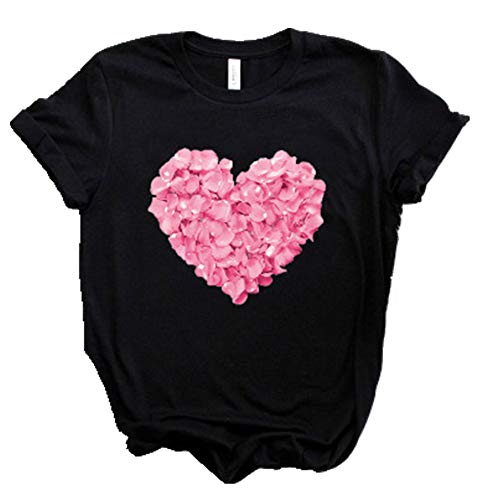 NOBRAND Camiseta de algodón con estampado de flores en forma de corazón rosa