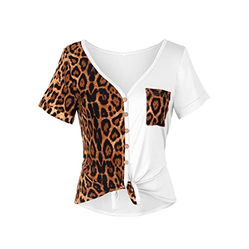 NOBRAND - Camiseta de manga corta con estampado de leopardo causal y costuras profundas con cuello en V