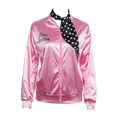 Nofonda Chaqueta de Pink satén Disfraz de Lady con pañuelo de Lunares Cazadora para Mujer Disfraces de 1950s Ladies para Carnavales Halloween Color Rosa