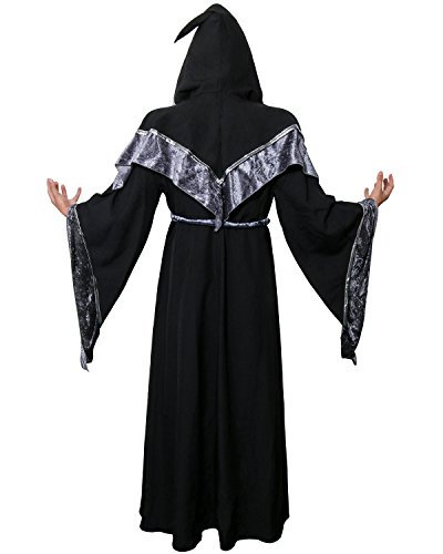 Nofonda Disfraz de Mago Monje Capa con Capucha Negra de Mágico Sacerdote Traje de Bruja Hechiceros Ropa Medieval de Adultos Hombre para Fiesta de Halloween Carnaval (XL)