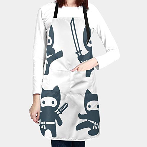 NOLOVVHA Ajustable Colgante de Cuello Personalizado Delantal Impermeable,Cute Cartoon Ninja Cat Set adorables dibujos en estilo japonés moderno y sencillo,Babero de Cocina Vestido con 2 Bolsillos