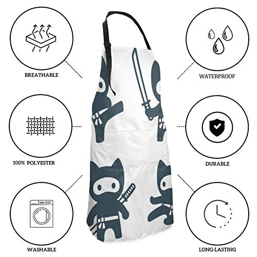 NOLOVVHA Ajustable Colgante de Cuello Personalizado Delantal Impermeable,Cute Cartoon Ninja Cat Set adorables dibujos en estilo japonés moderno y sencillo,Babero de Cocina Vestido con 2 Bolsillos