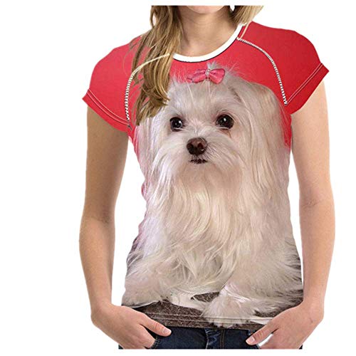 N\P Camiseta de manga corta con estampado de perro maltés para mujer de verano transpirable casual camiseta para niñas - - X-Large